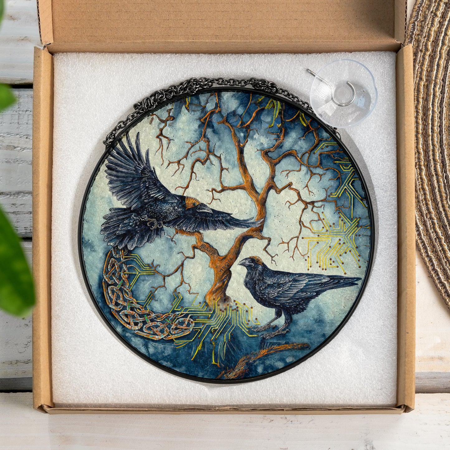 Yggdrasil Ravens - Viking Stained Glass Hanging Ornament