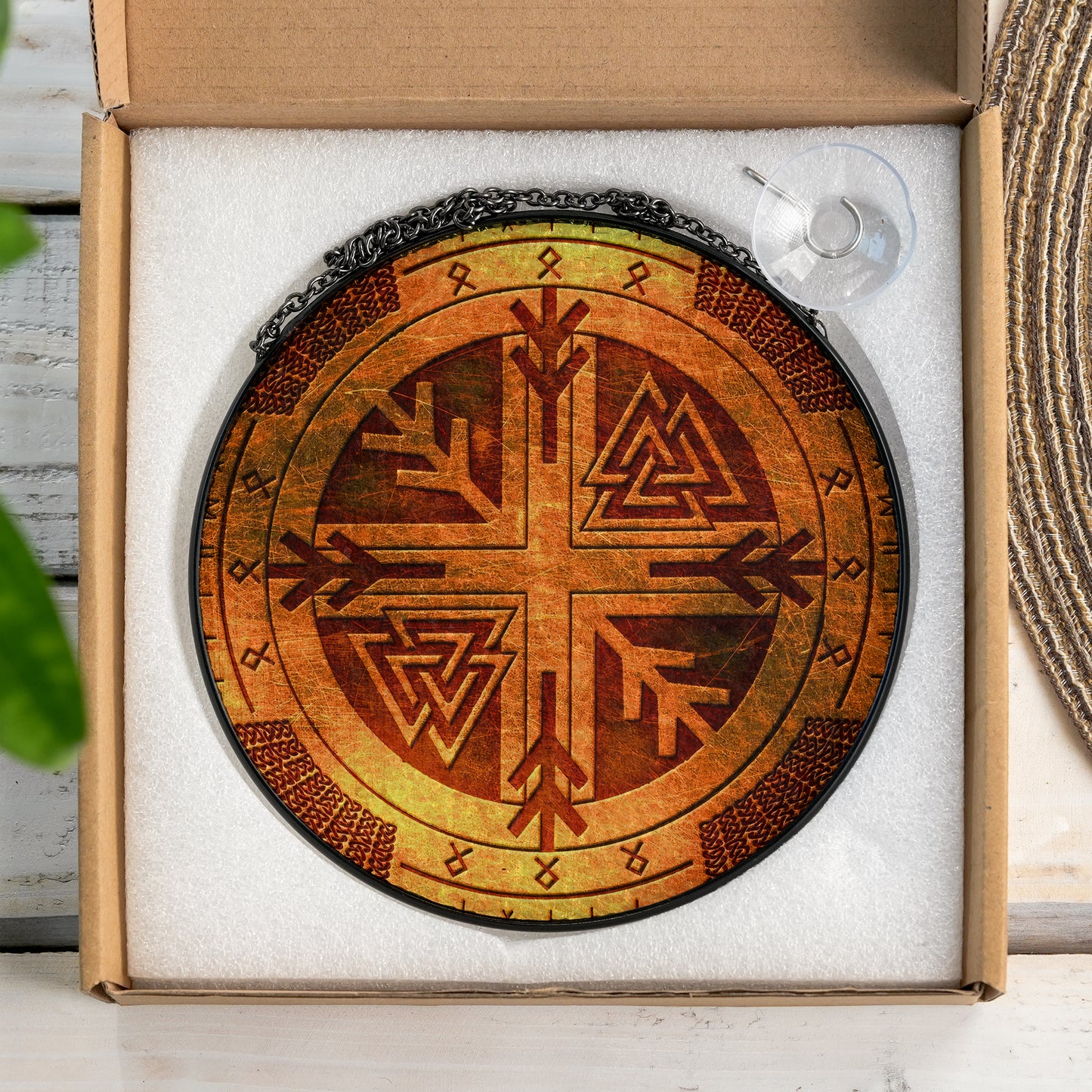 Viking Compass & Valknut - Viking Stained Glass Hanging Ornament