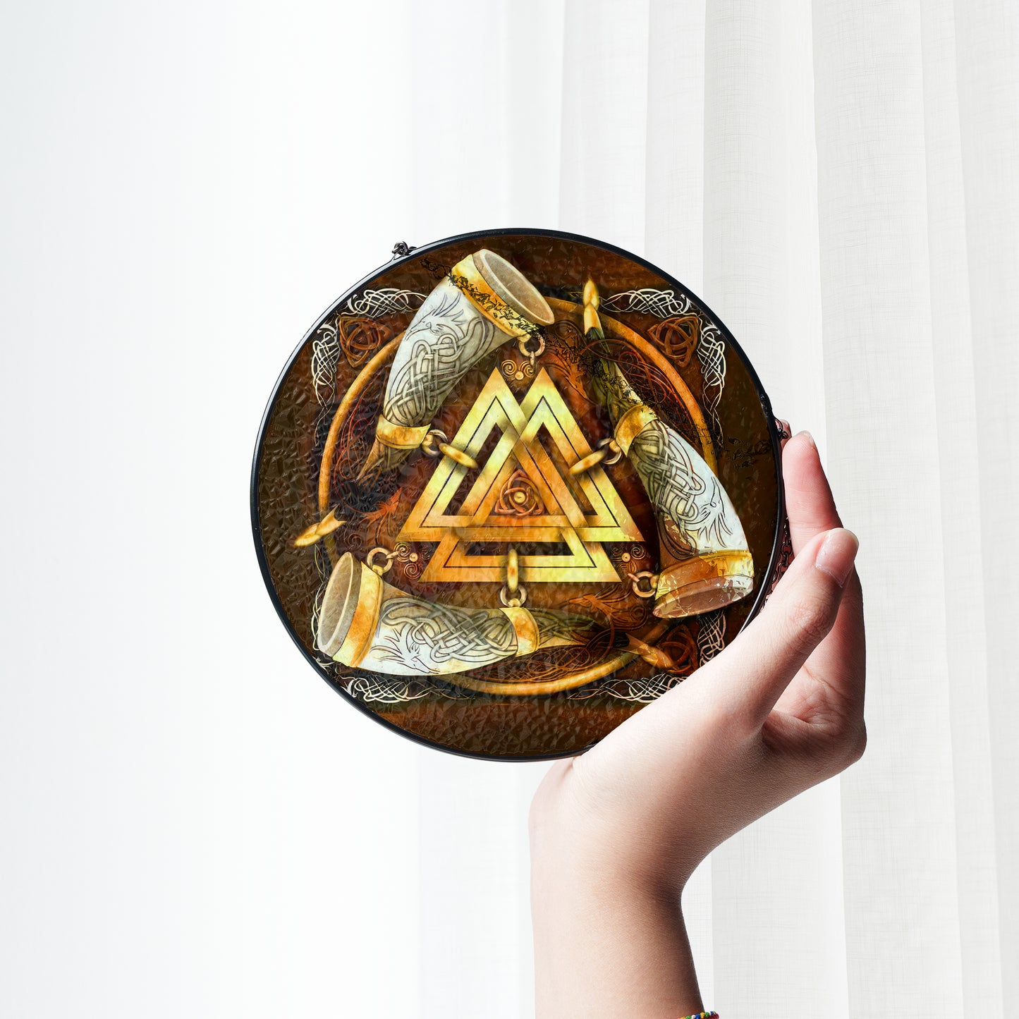 Valknut & Horns of Odin - Viking Stained Glass Hanging Ornament