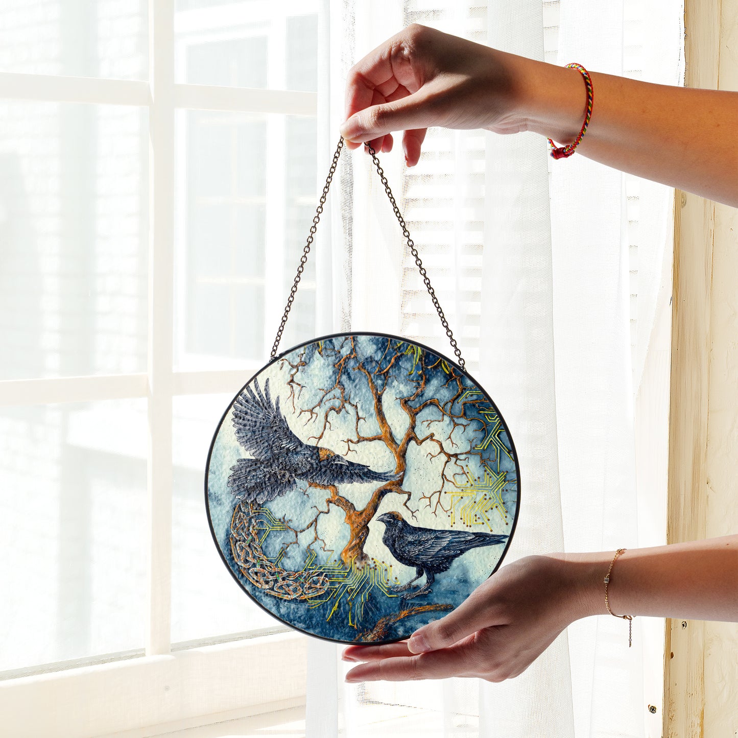 Yggdrasil Ravens - Viking Stained Glass Hanging Ornament