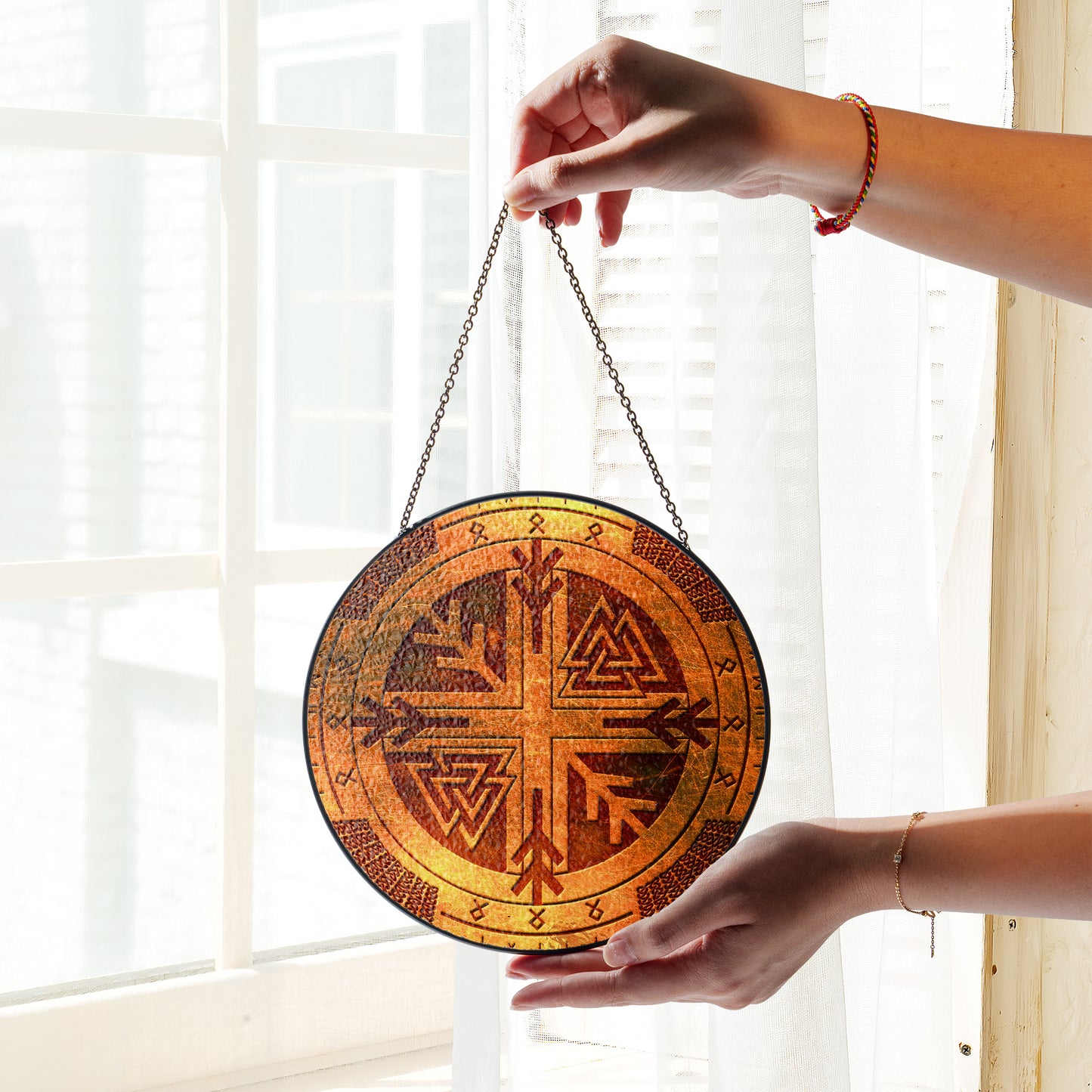Viking Compass & Valknut - Viking Stained Glass Hanging Ornament