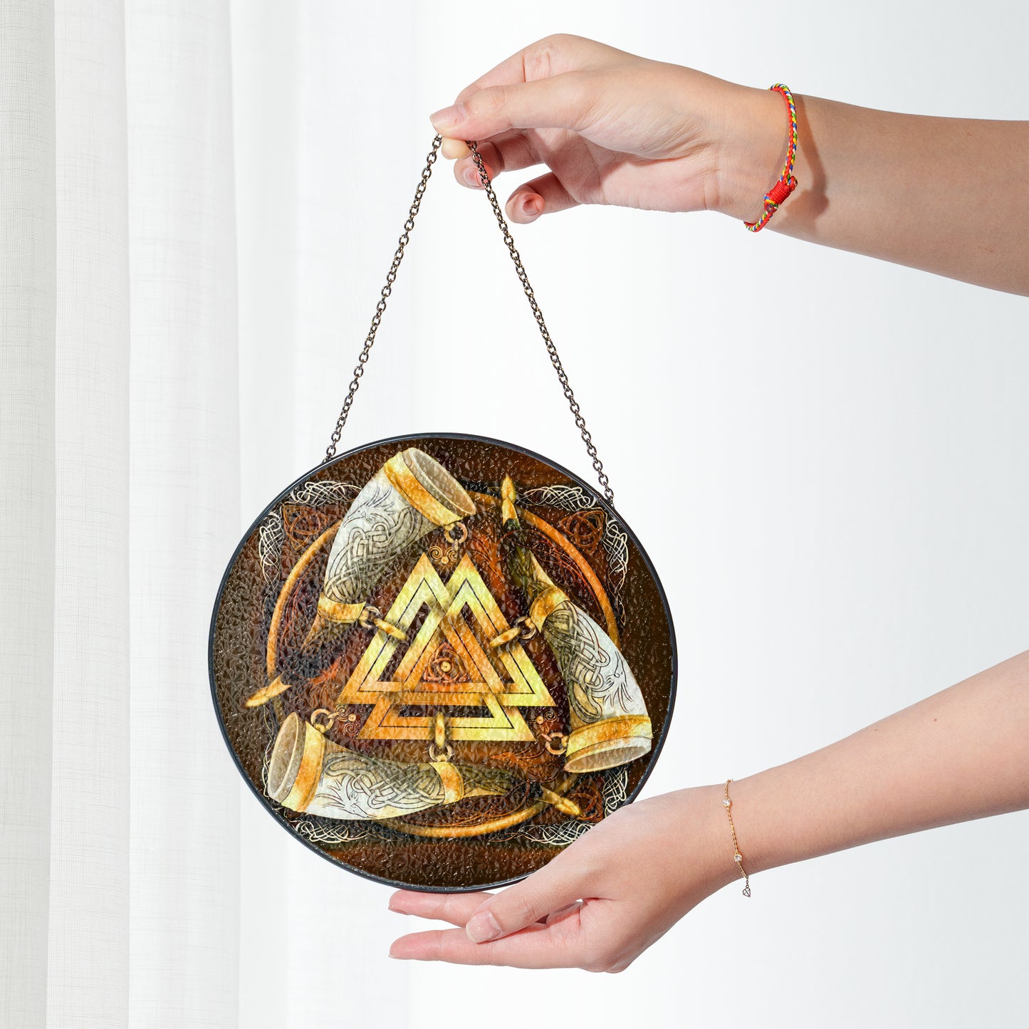 Valknut & Horns of Odin - Viking Stained Glass Hanging Ornament