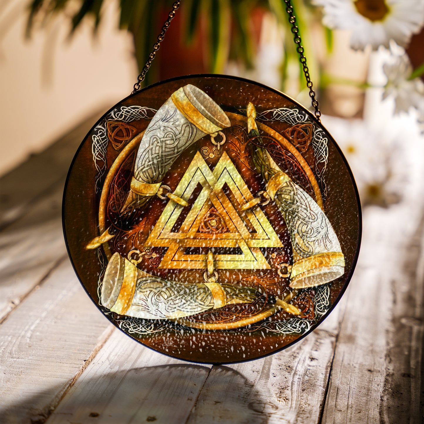 Valknut & Horns of Odin - Viking Stained Glass Hanging Ornament