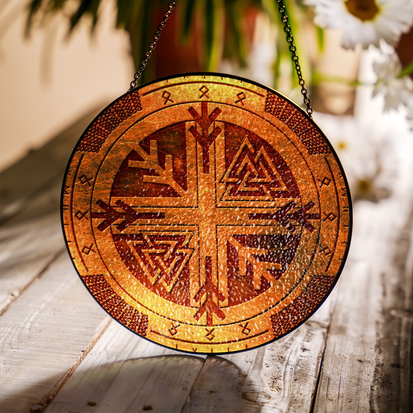 Viking Compass & Valknut - Viking Stained Glass Hanging Ornament