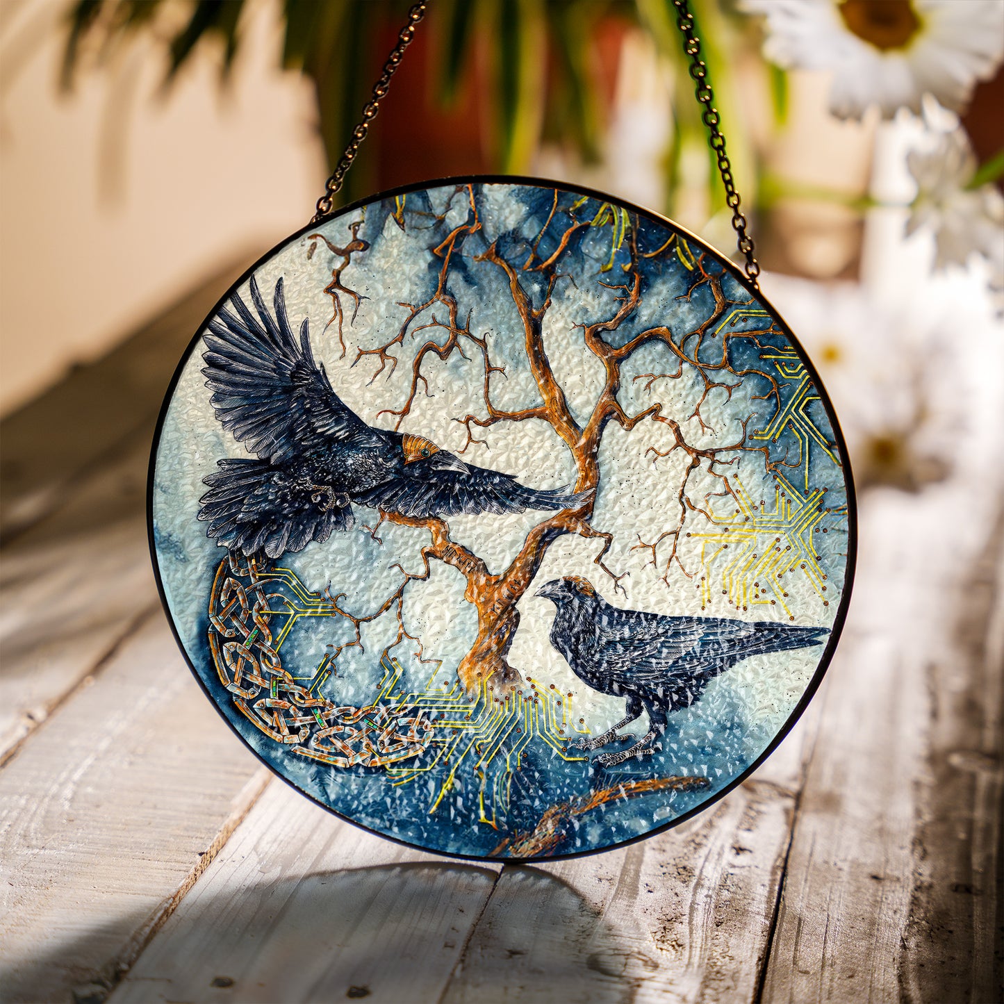 Yggdrasil Ravens - Viking Stained Glass Hanging Ornament