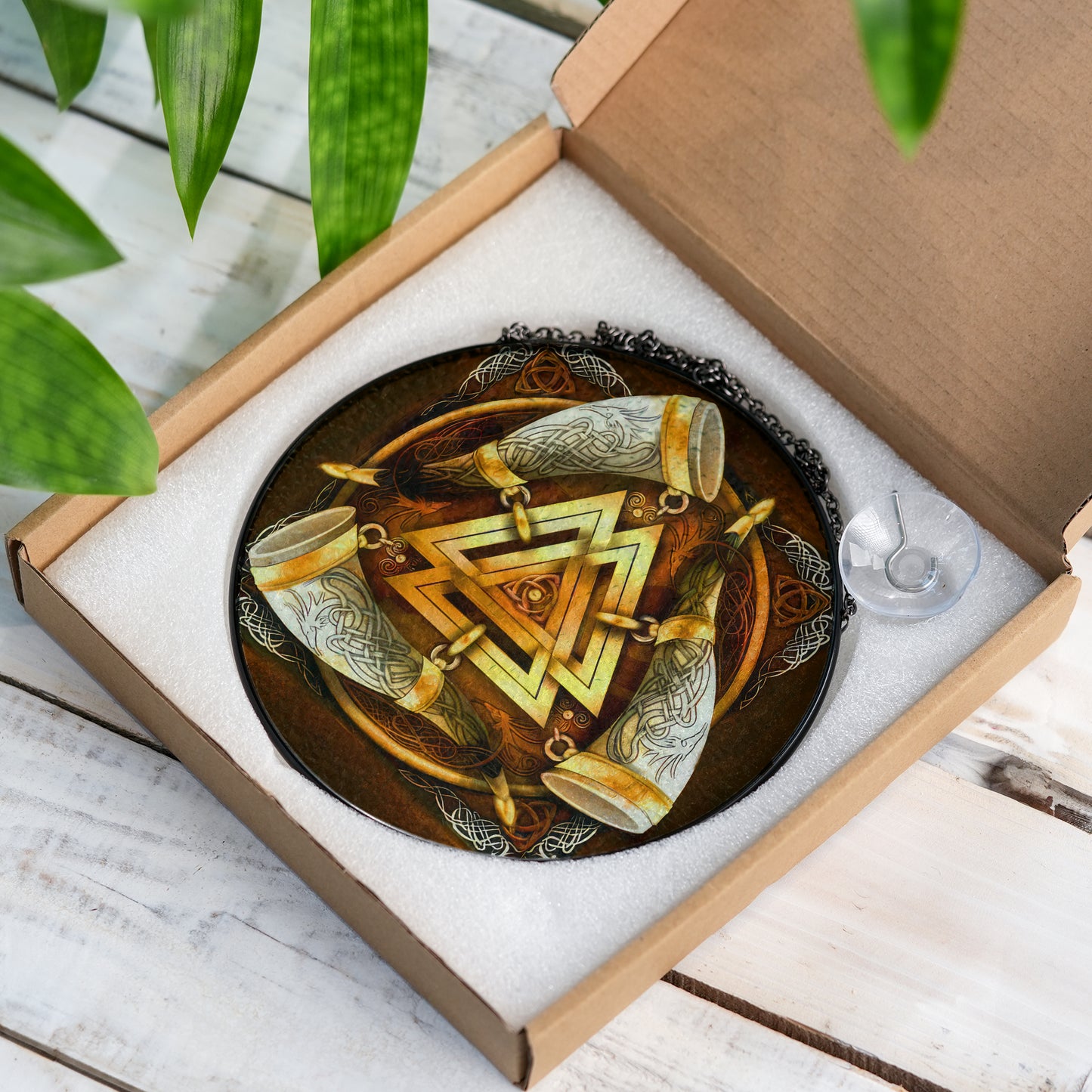 Valknut & Horns of Odin - Viking Stained Glass Hanging Ornament