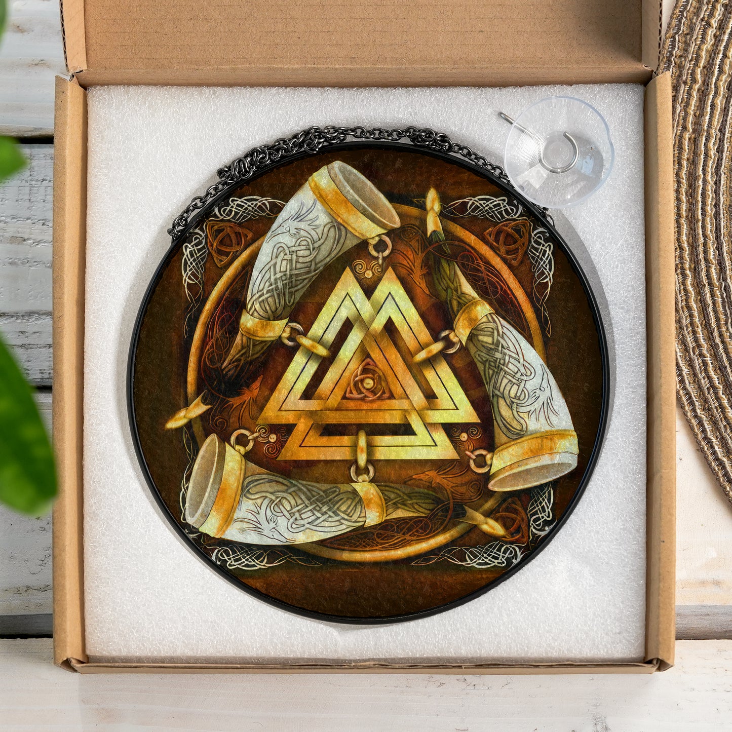 Valknut & Horns of Odin - Viking Stained Glass Hanging Ornament