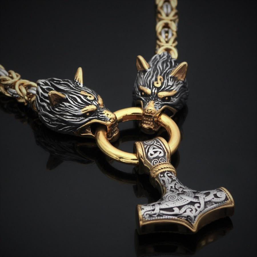King Chain Wolves Holding Mjolnir Pendant