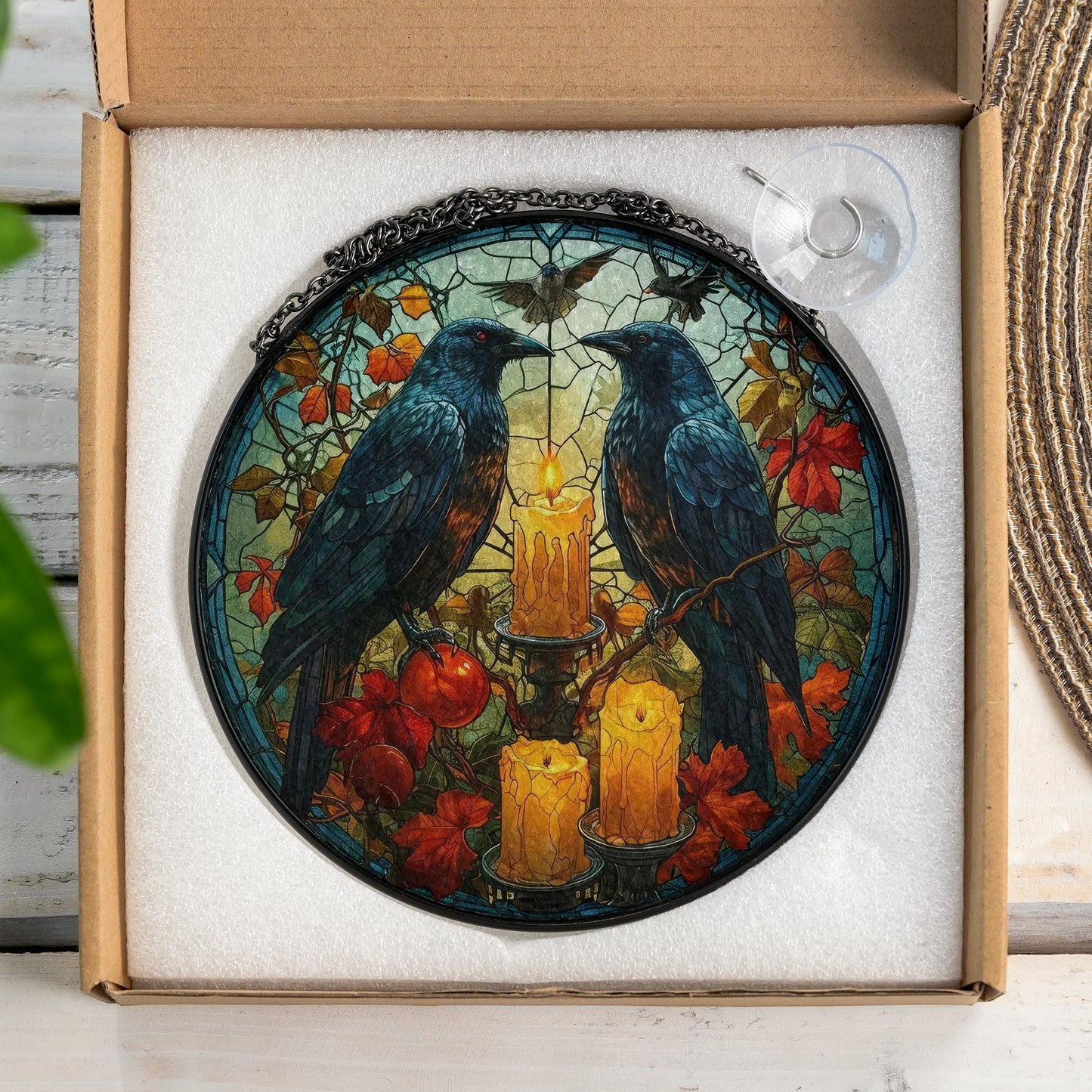 Huginn and Muninn Raven - Viking Stained Glass Hanging Ornament