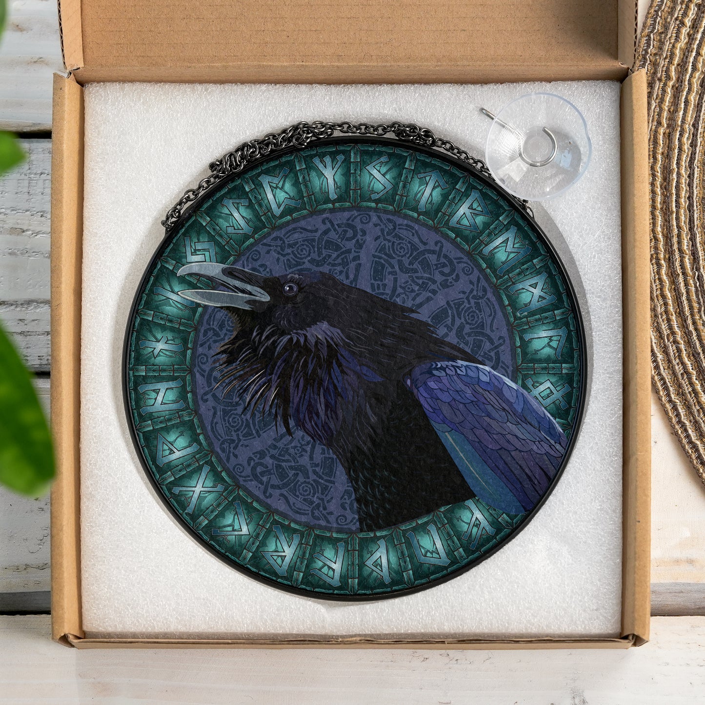 Mystic Raven Rune - Viking Stained Glass Hanging Ornament