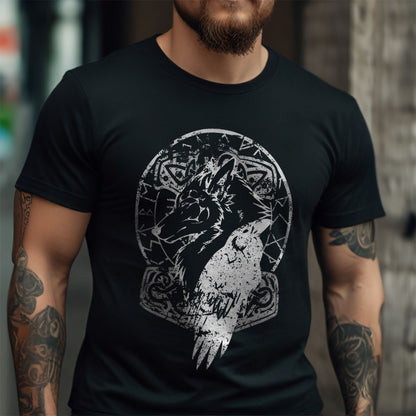 Wolf Raven Hammer Black Viking Tee