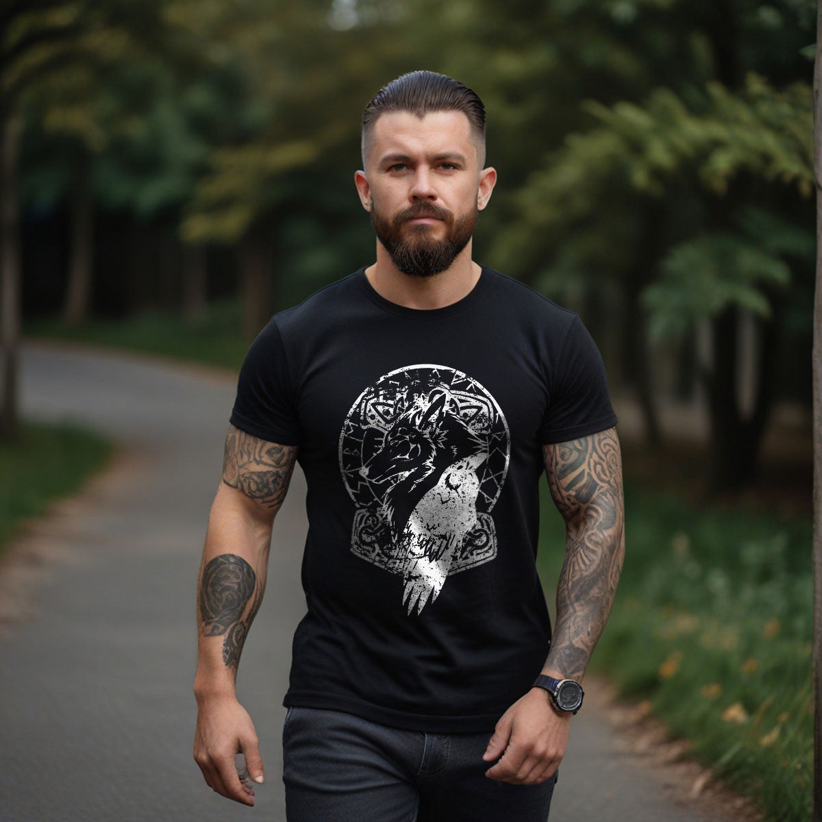 Wolf Raven Hammer Black Viking Tee