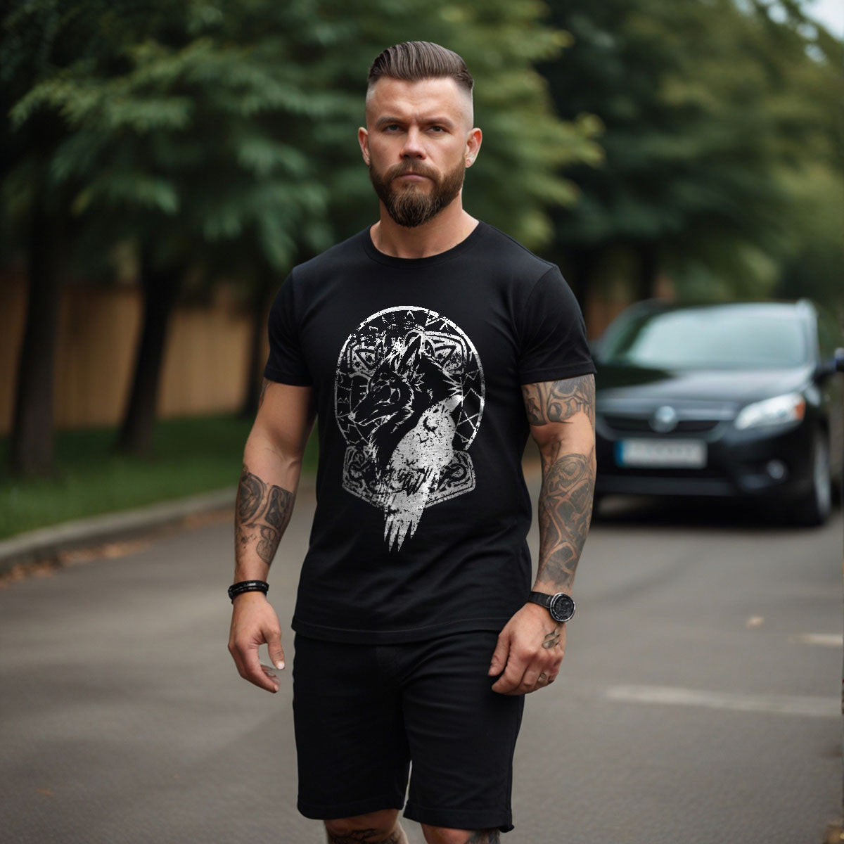 Wolf Raven Hammer Black Viking Tee