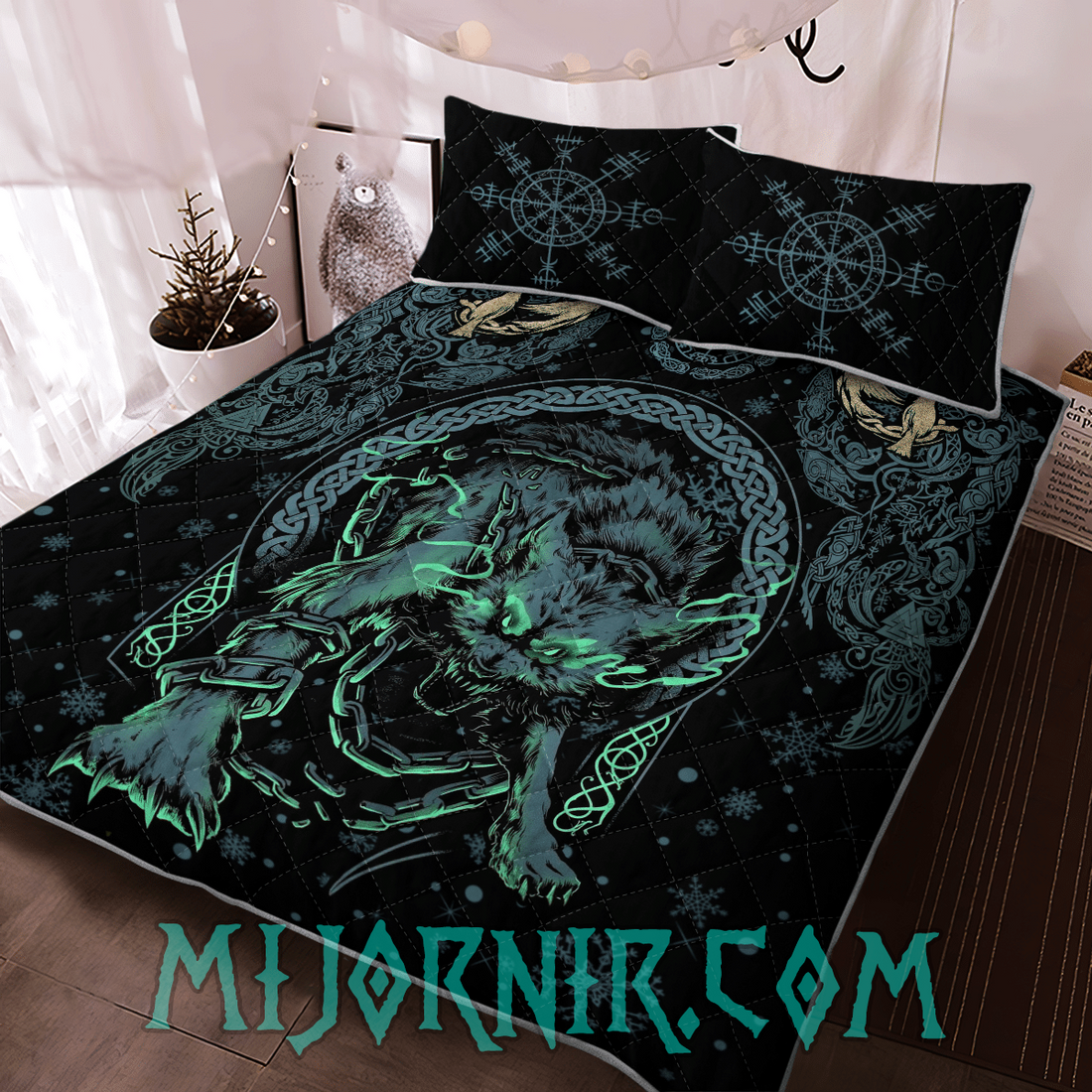 Fenrir Wolf In Snow - Viking Quilt Set