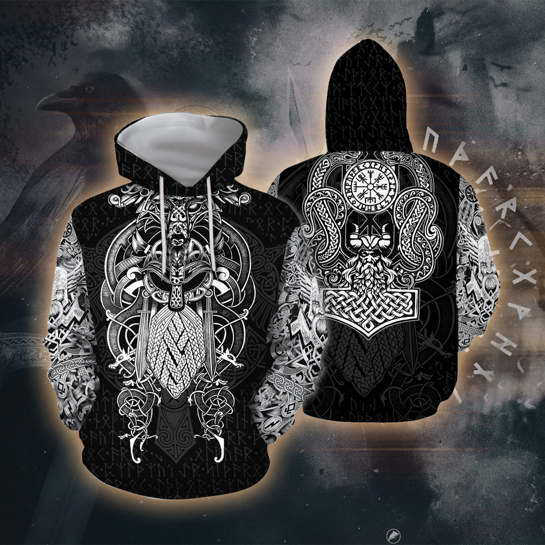 Runic Viking Warrior 3D Printed T-shirt - Long Sleeves - Hoodie - Zip Hoodie