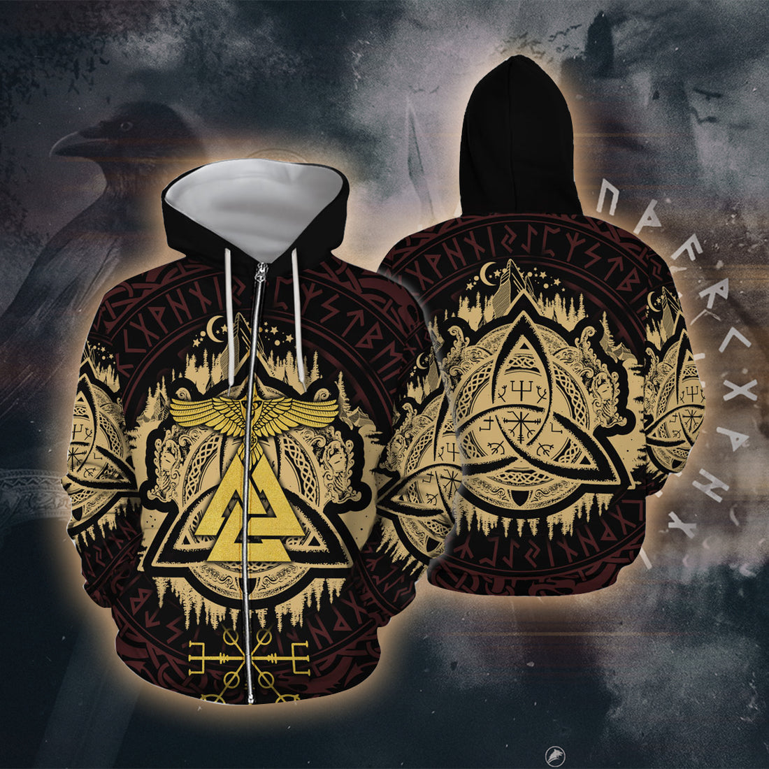 Golden Valhalla Sigil 3D Printed T-shirt - Long Sleeves - Hoodie - Zip Hoodie