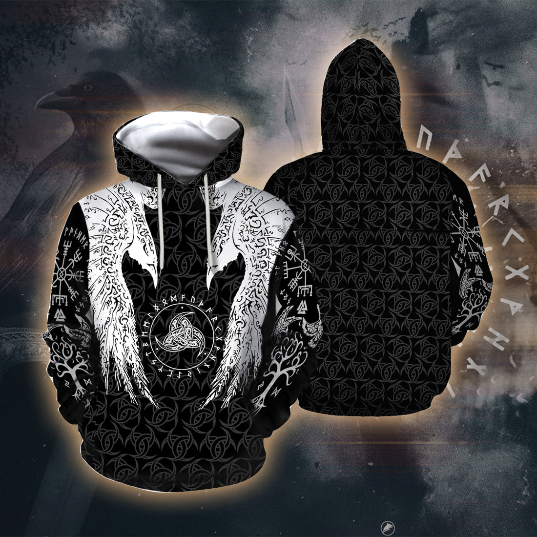 Monochrome Raven Wings 3D Printed T-shirt - Long Sleeves - Hoodie - Zip Hoodie