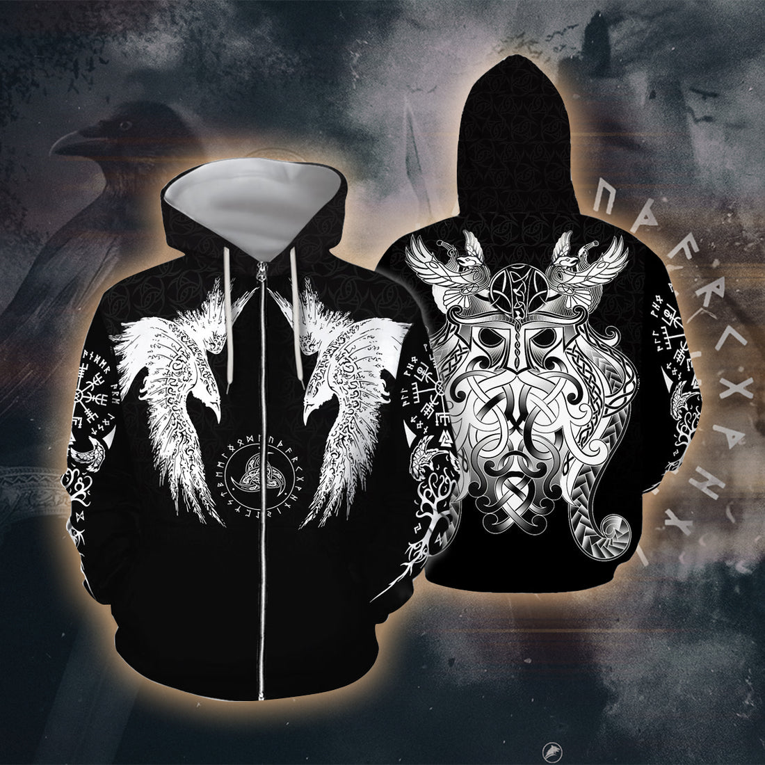 Twin Ravens of Odin 3D Printed T-shirt - Long Sleeves - Hoodie - Zip Hoodie