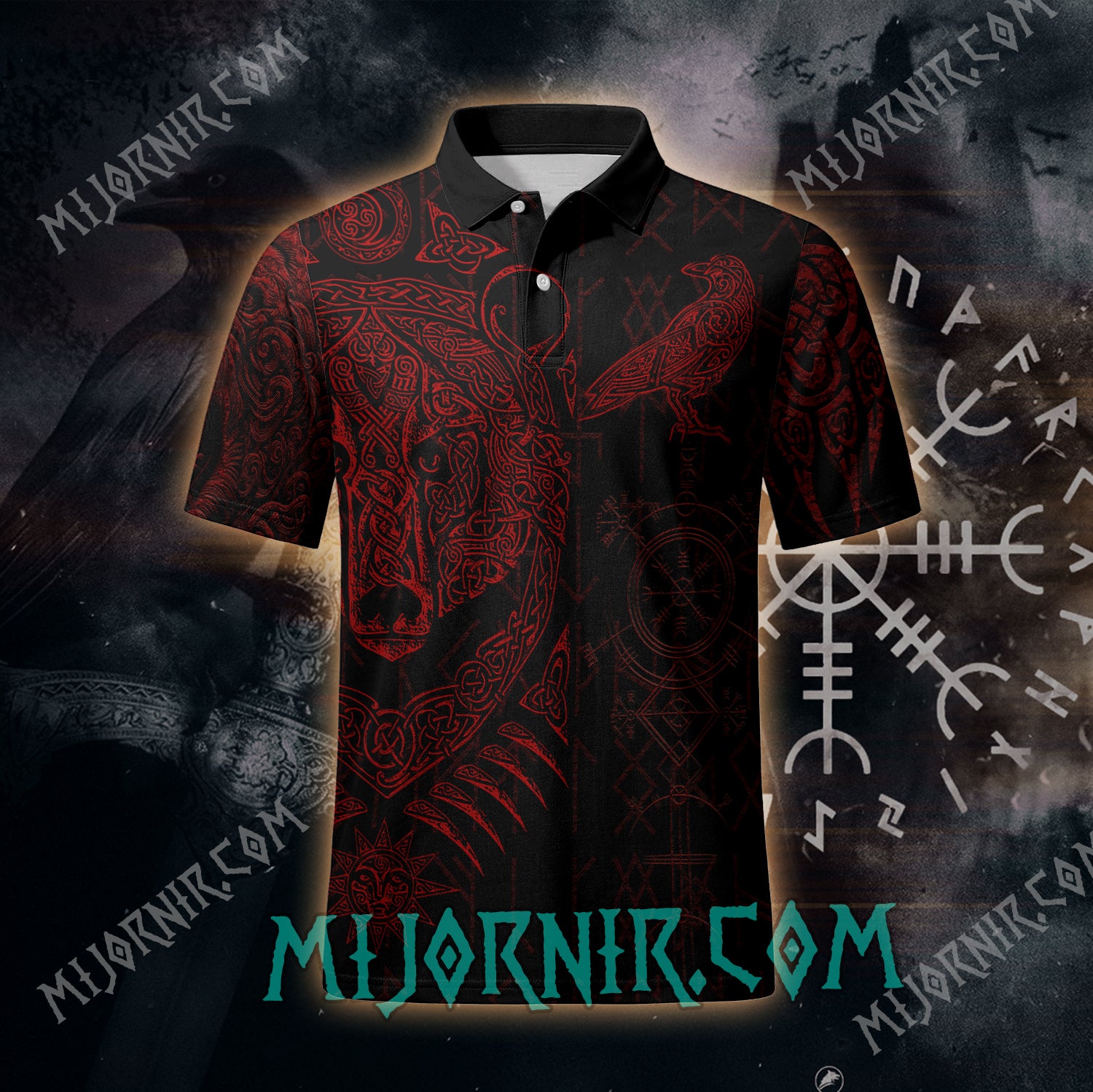 Norse Raven Viking Polo Shirt - All-Over Print Nordic Design