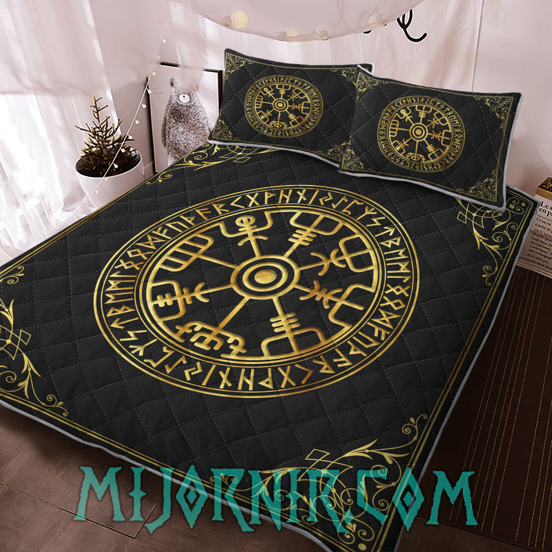 Golden Vegvisir Black - Viking Quilt Set