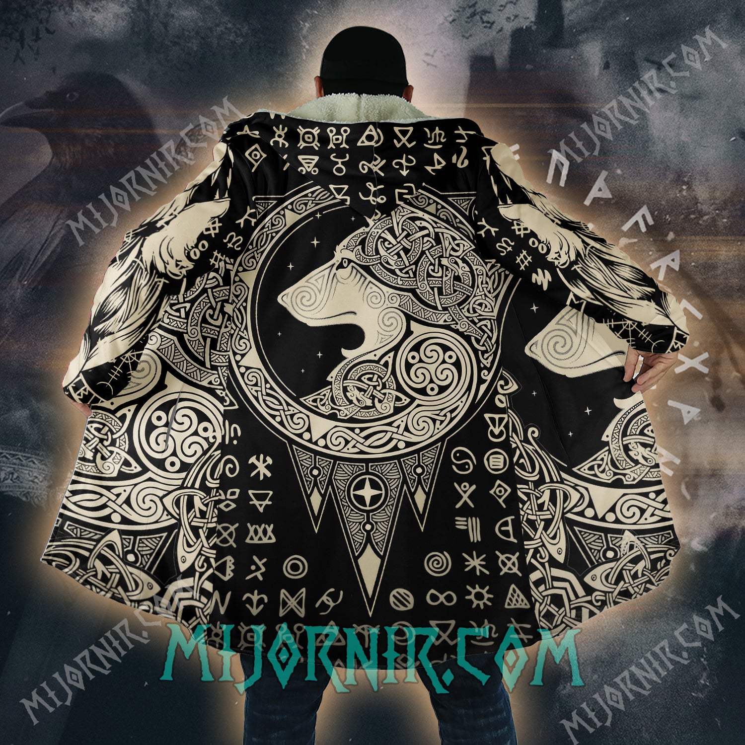 Lunar Wolf Norse Symbols - Viking Hooded Cloak