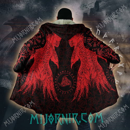 Red Huginn And Muninn - Viking Hooded Cloak