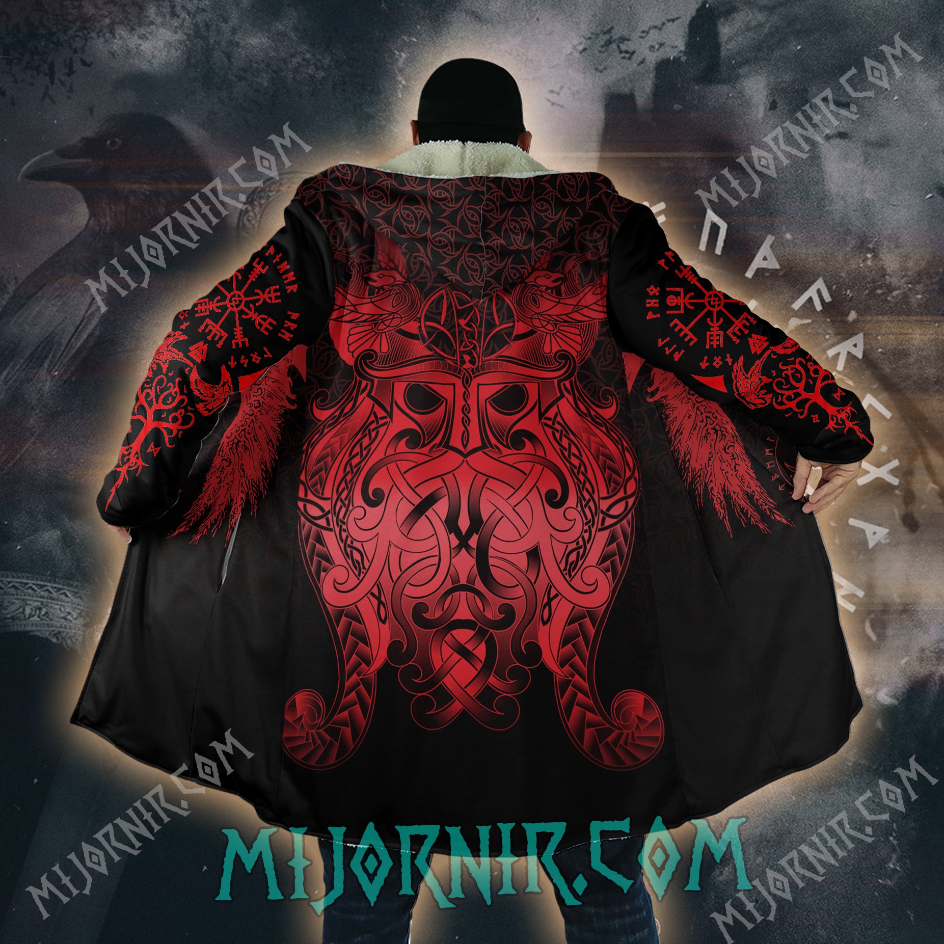 Red Rune Berserker - Viking Hooded Cloak