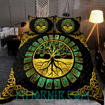 Emerald Yggdrasil Rune - Viking Duvet Cover