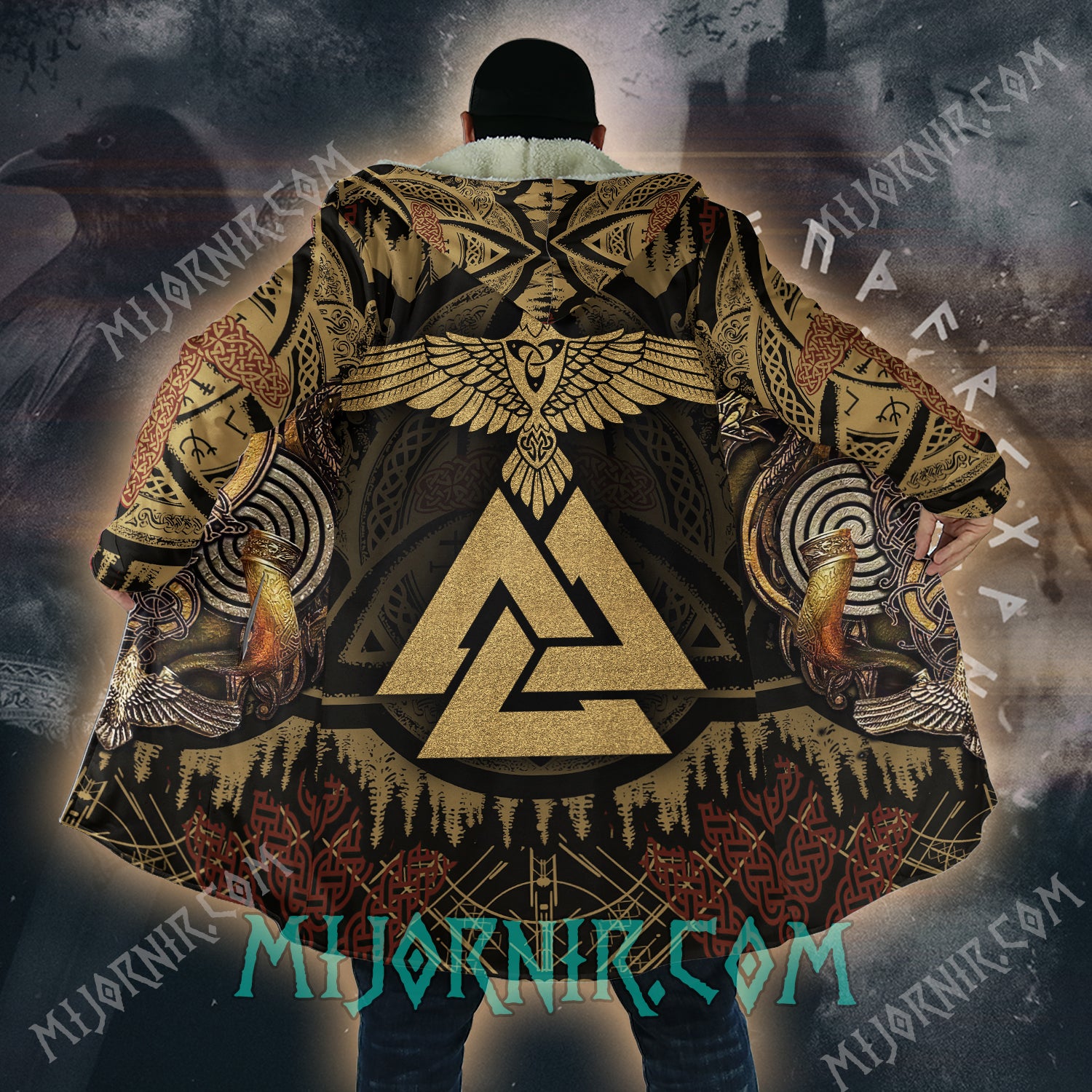 Golden Valknut Glory - Viking Hooded Cloak