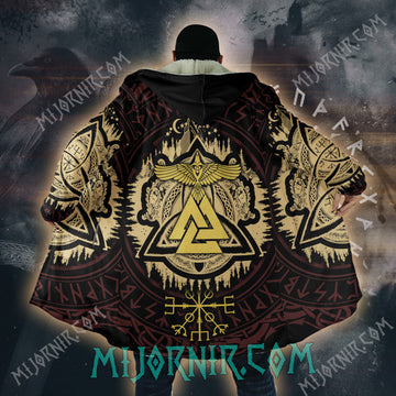 Valknut's Golden Guardian - Viking Hooded Cloak