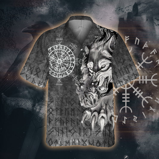 Black Fenrir's Fury Hawaii Shirt - Norse Mythology Style