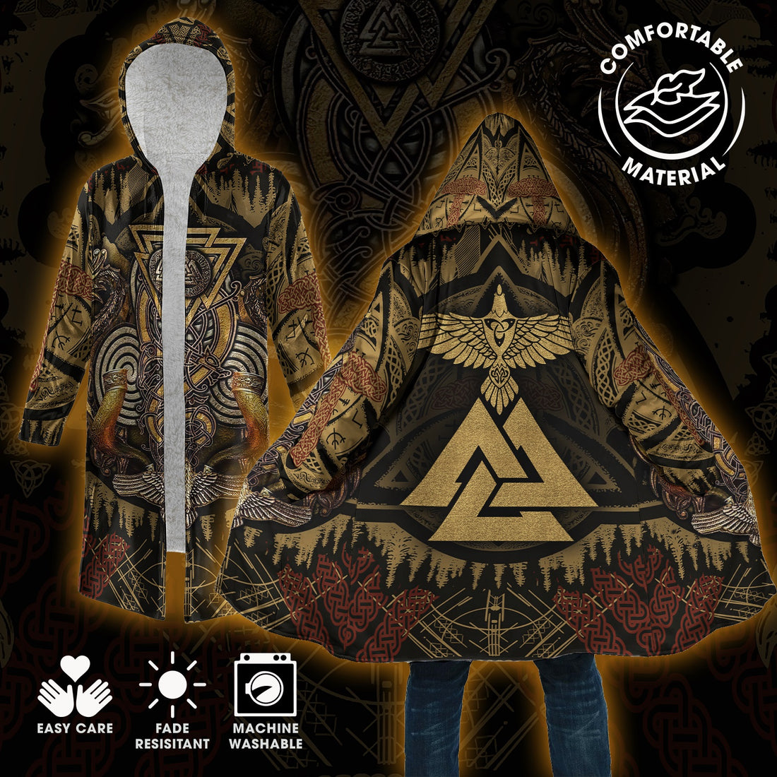 Golden Valknut Glory - Viking Hooded Cloak