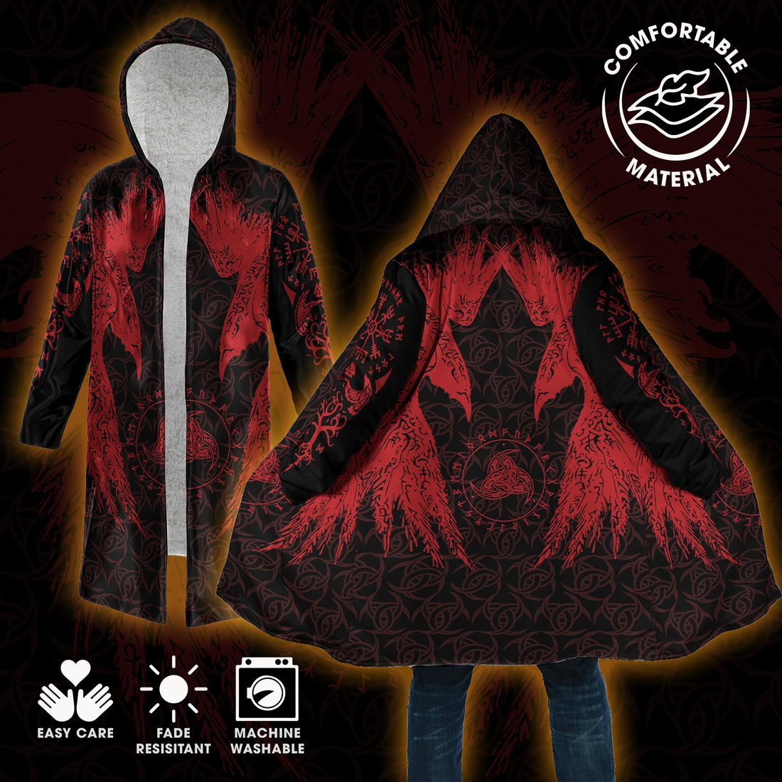 Red Huginn And Muninn - Viking Hooded Cloak