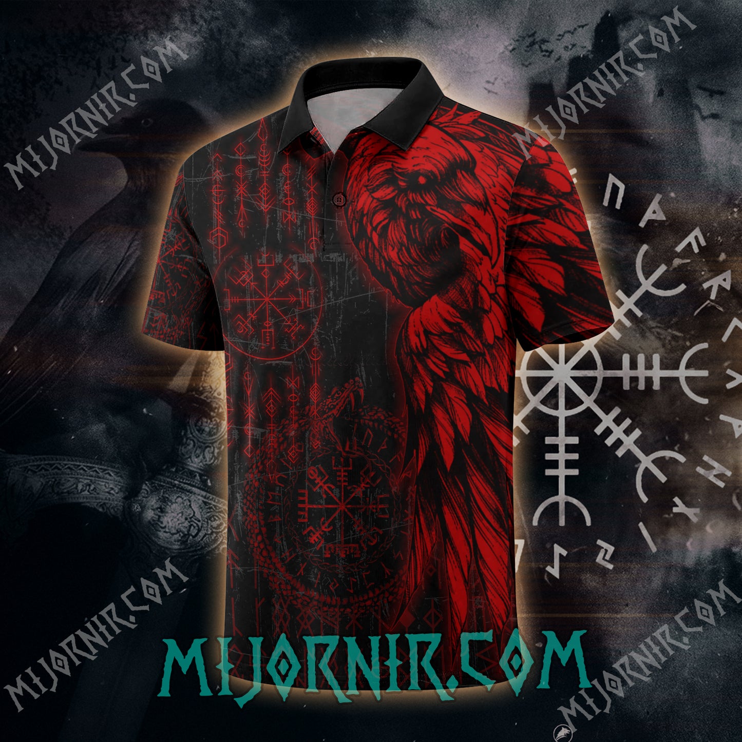 Red Raven Viking Nordic Runes Polo Shirt