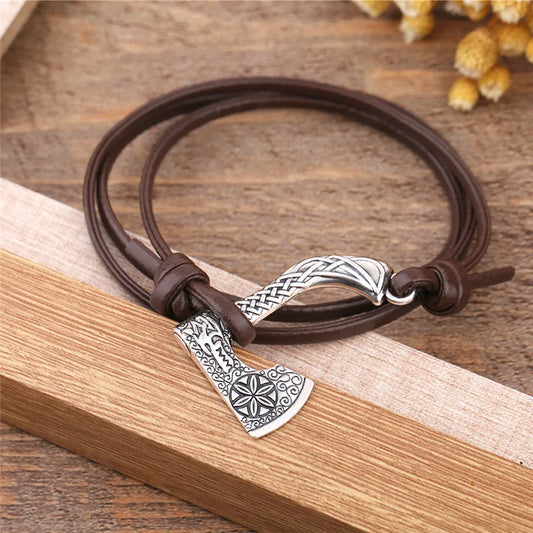 Viking Wolf Axe Leather Wrap Bracelet