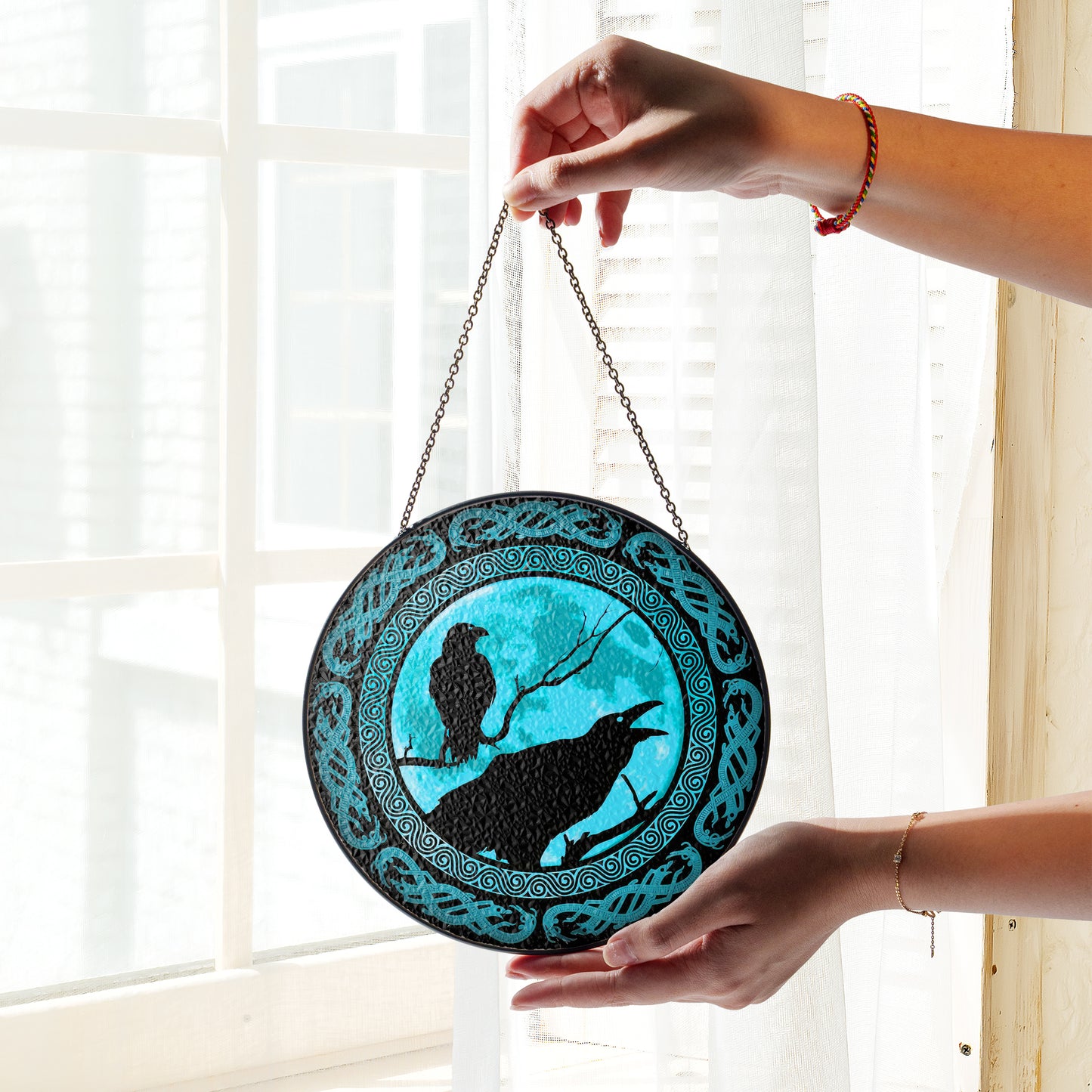 Huginn & Muninn Silhouette - Viking Stained Glass Hanging Ornament