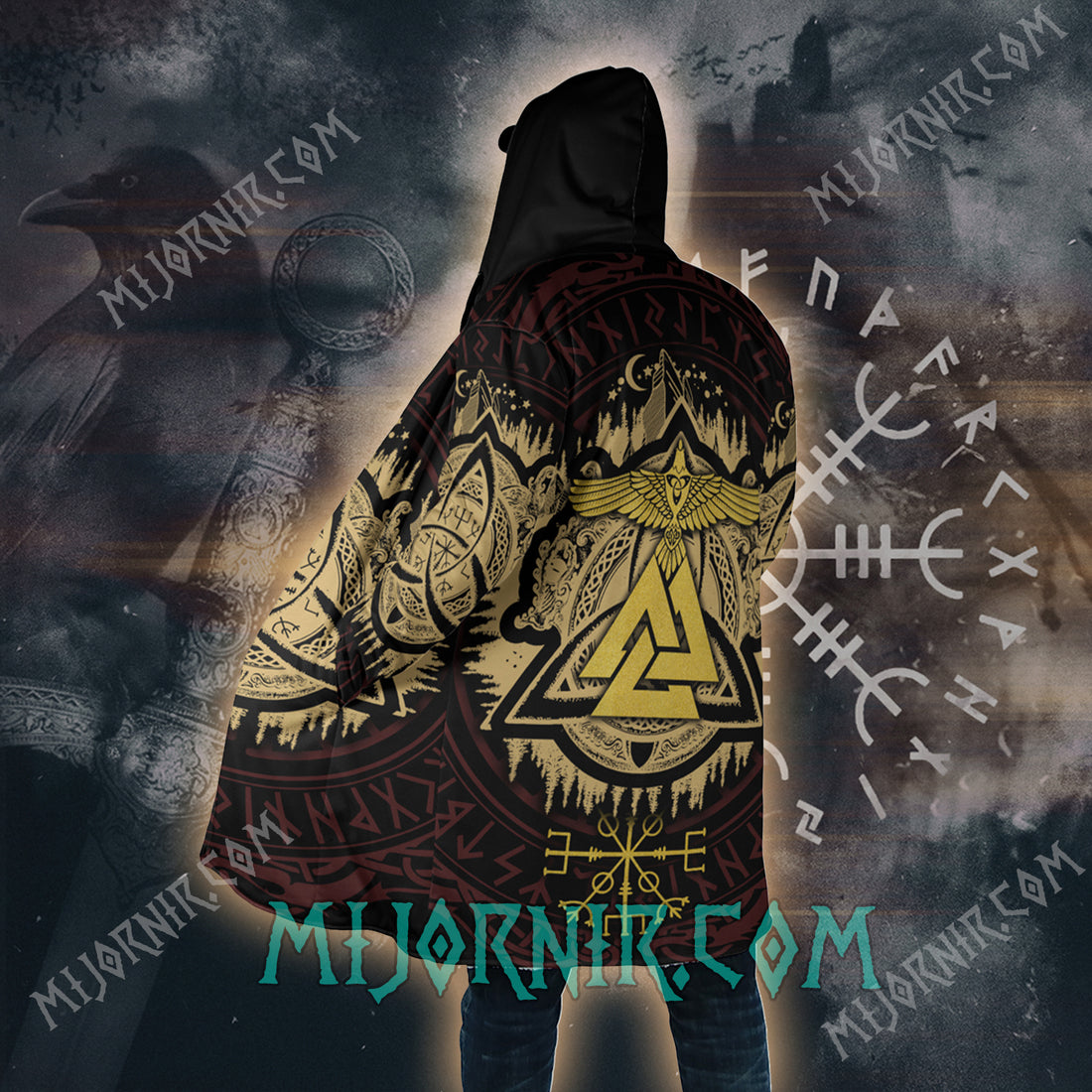 Valknut's Golden Guardian - Viking Hooded Cloak