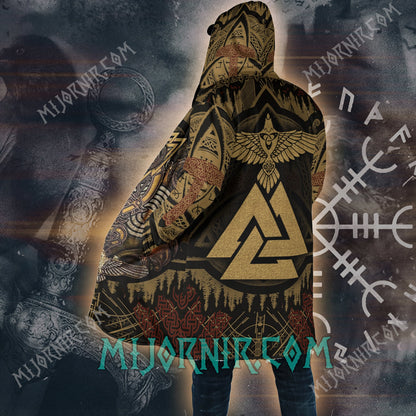 Golden Valknut Glory - Viking Hooded Cloak