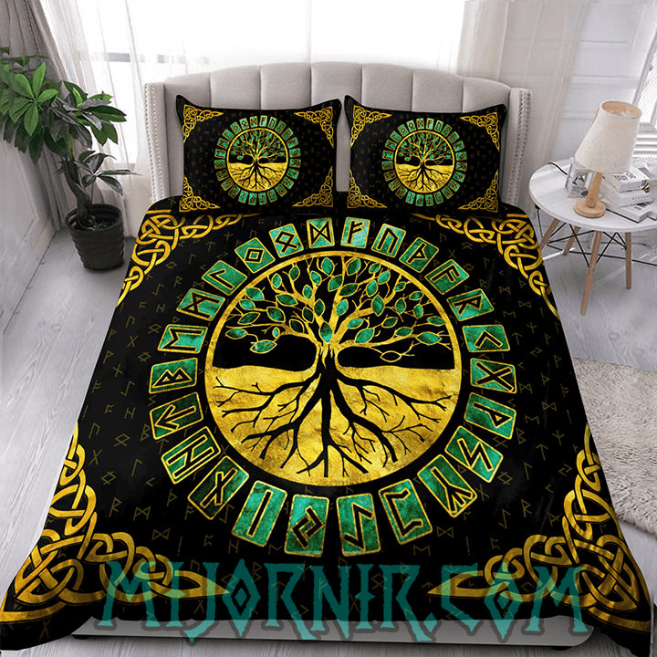 Emerald Yggdrasil Rune - Viking Bedding Set