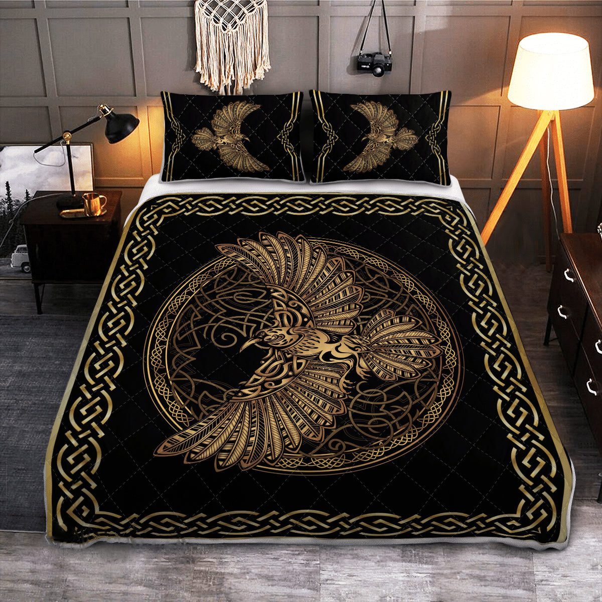 Golden Raven Knotwork - Viking Quilt Set