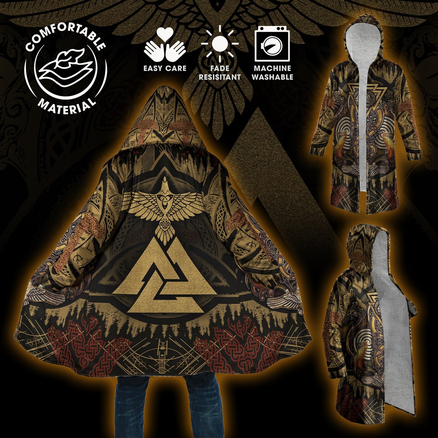 Golden Valknut Glory - Viking Hooded Cloak