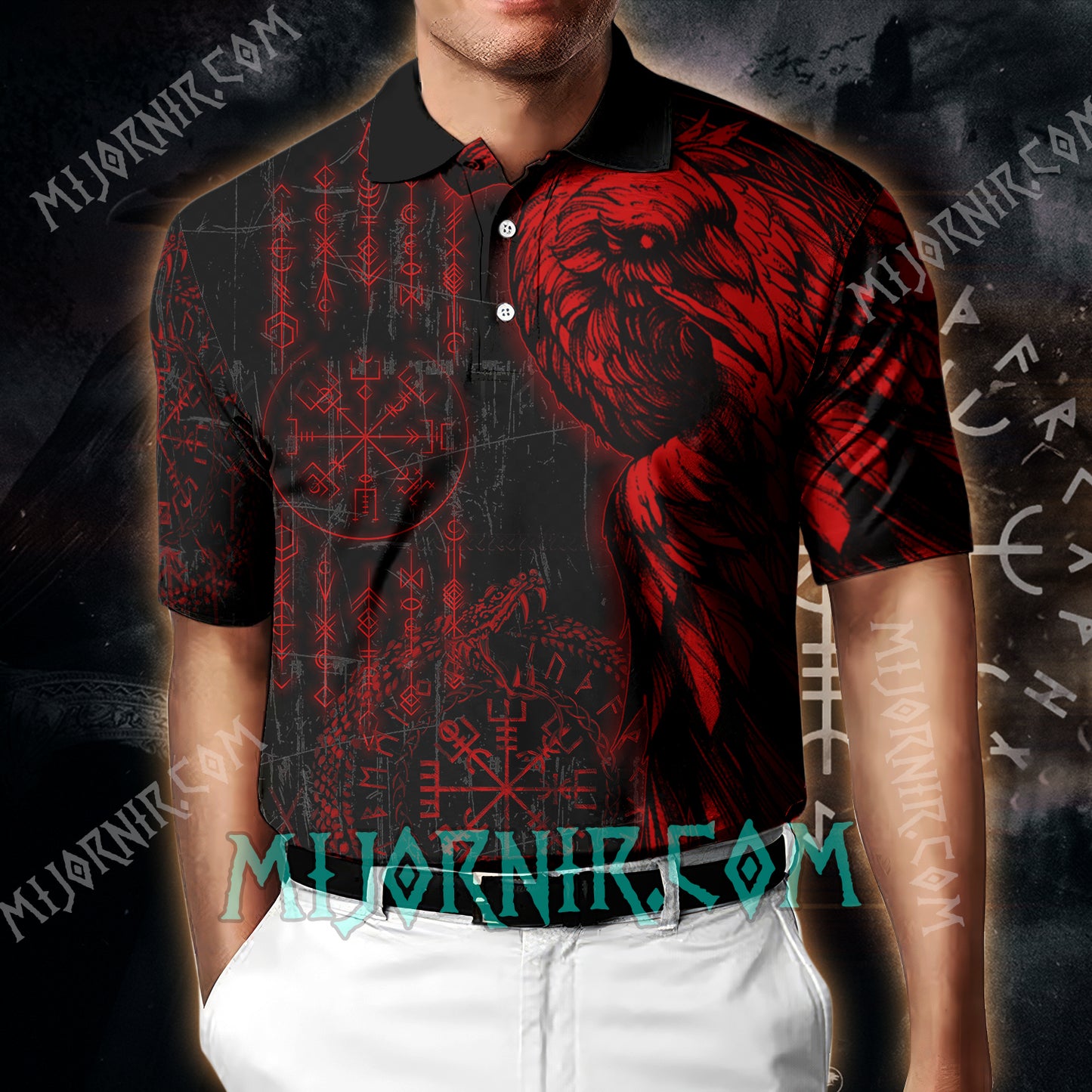 Red Raven Viking Nordic Runes Polo Shirt