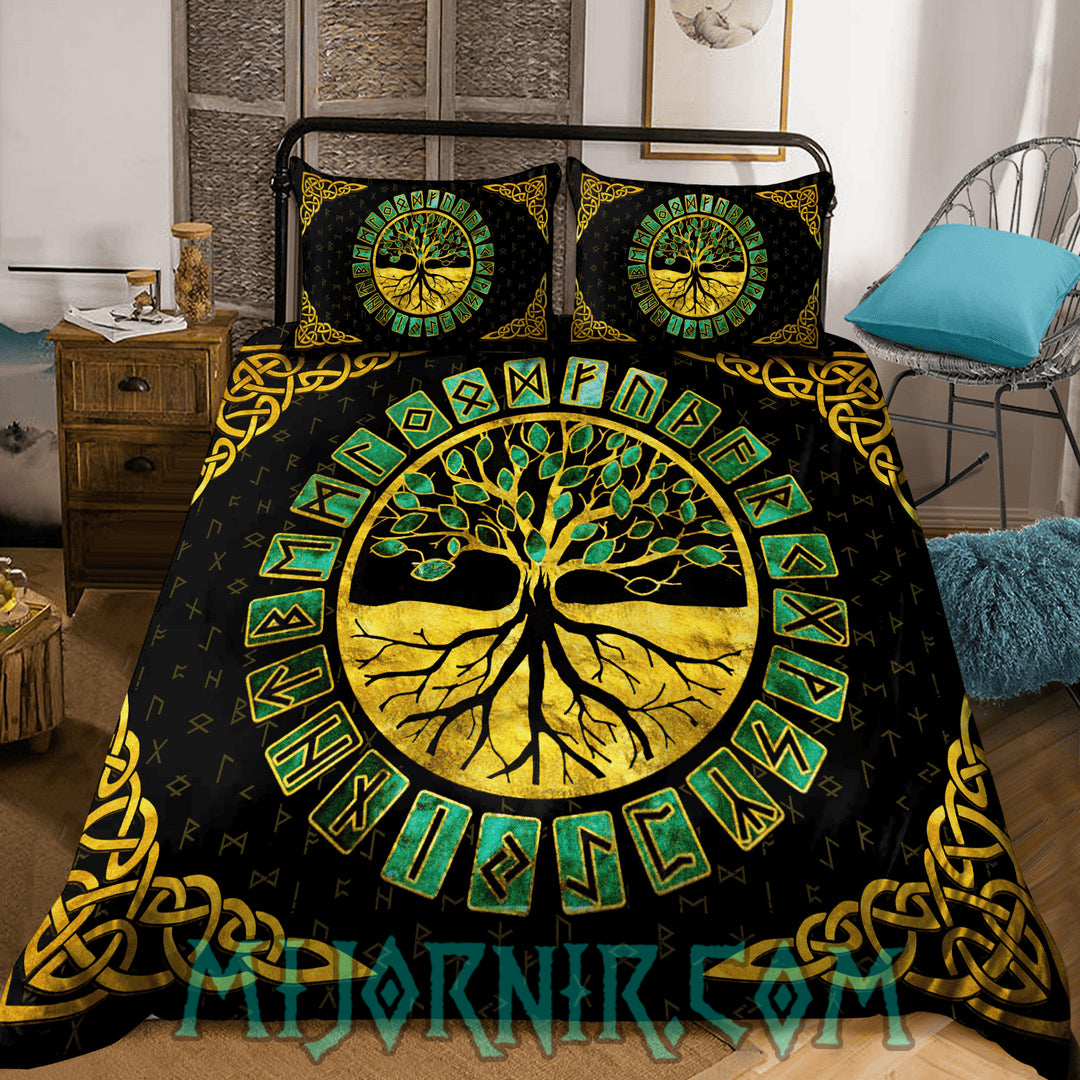 Emerald Yggdrasil Rune - Viking Duvet Cover