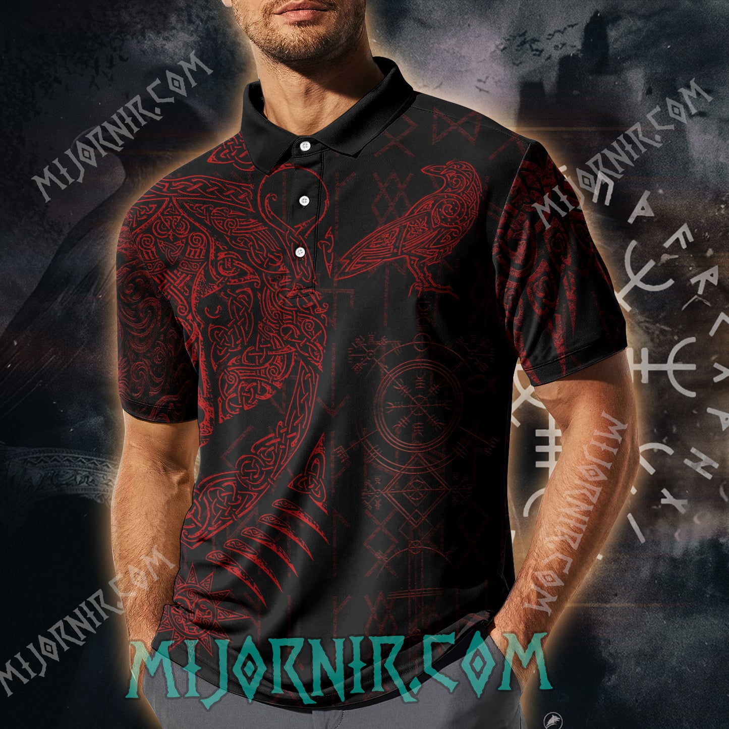 Norse Raven Viking Polo Shirt - All-Over Print Nordic Design