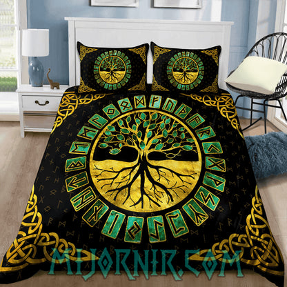 Emerald Yggdrasil Rune - Viking Duvet Cover