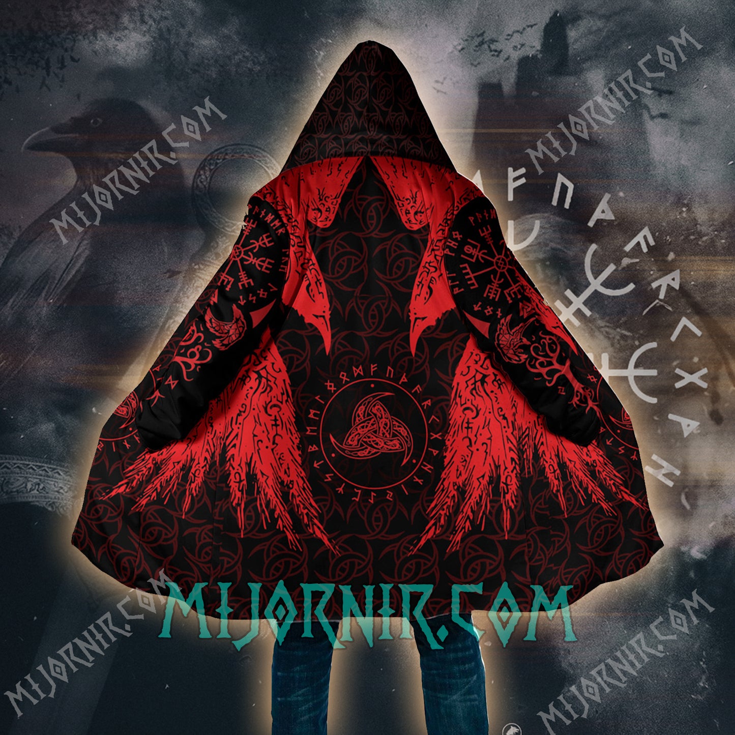 Red Huginn And Muninn - Viking Hooded Cloak