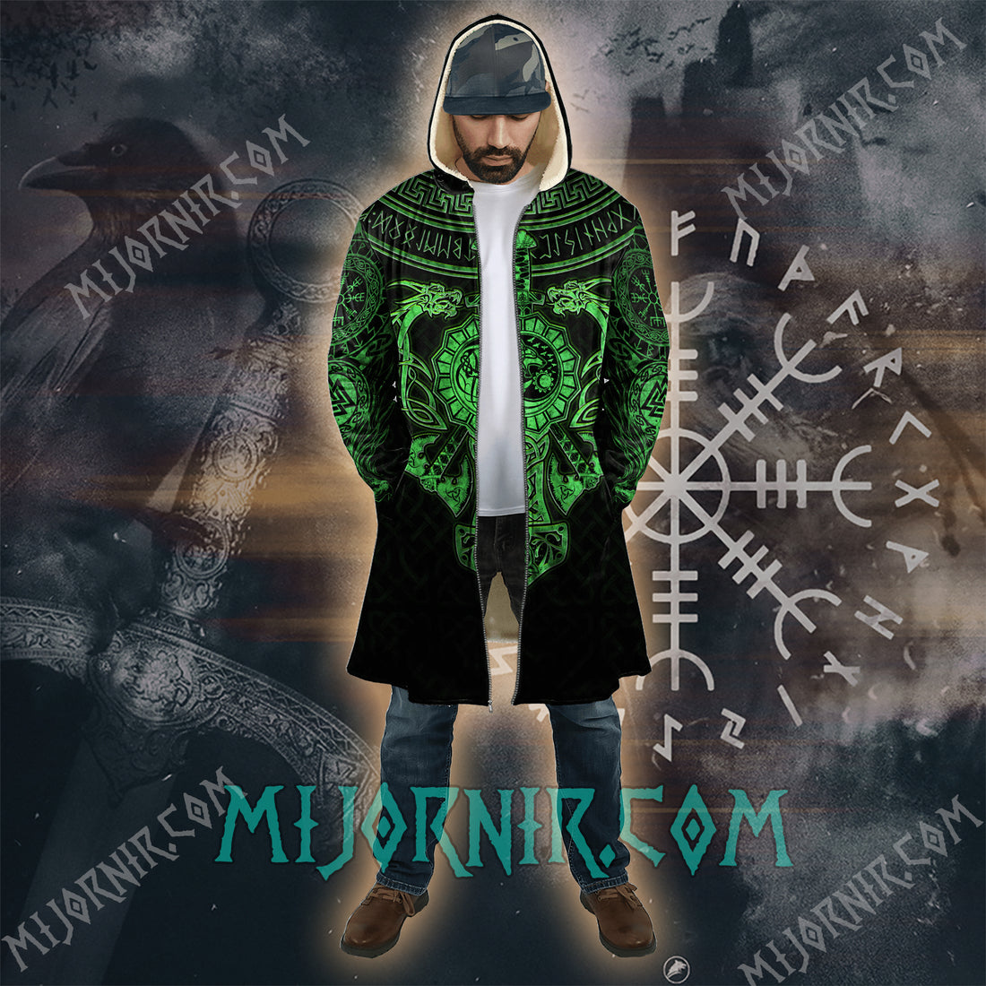 Emerald Rune Guardian - Viking Hooded Cloak