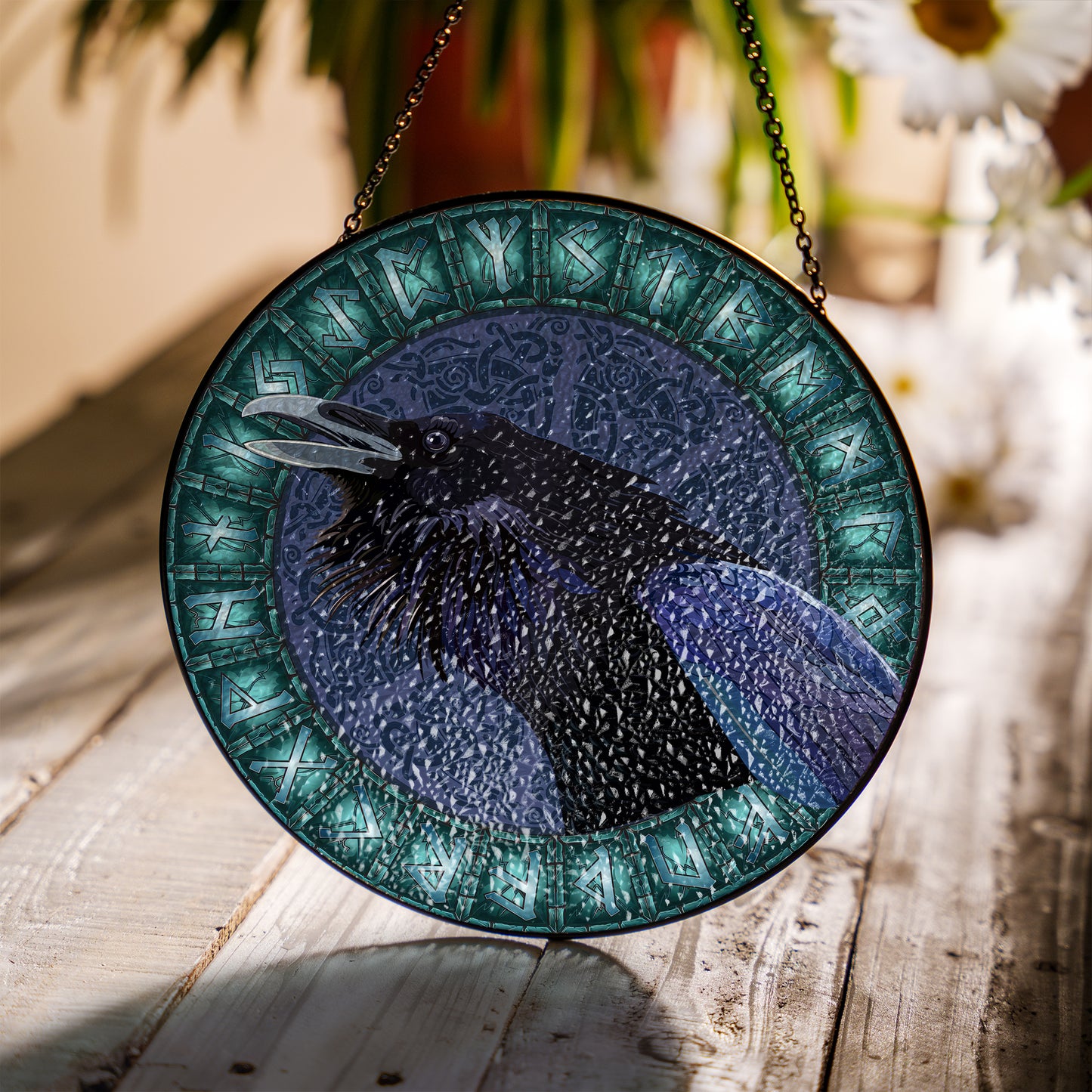 Mystic Raven Rune - Viking Stained Glass Hanging Ornament