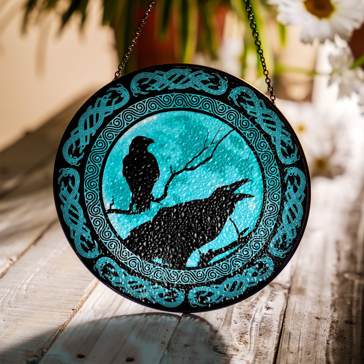 Huginn & Muninn Silhouette - Viking Stained Glass Hanging Ornament