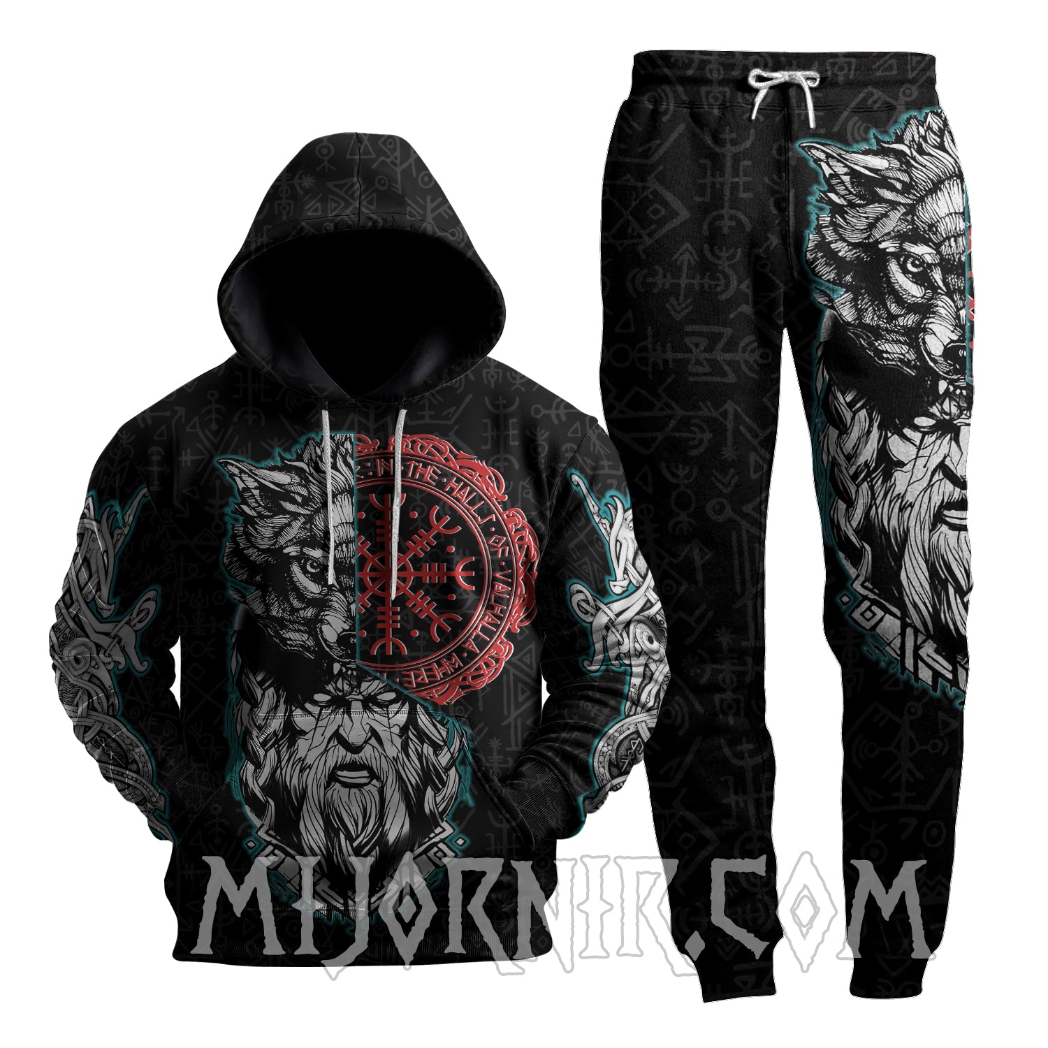 Wolf and Odin Split Design - Viking Hoodie Set